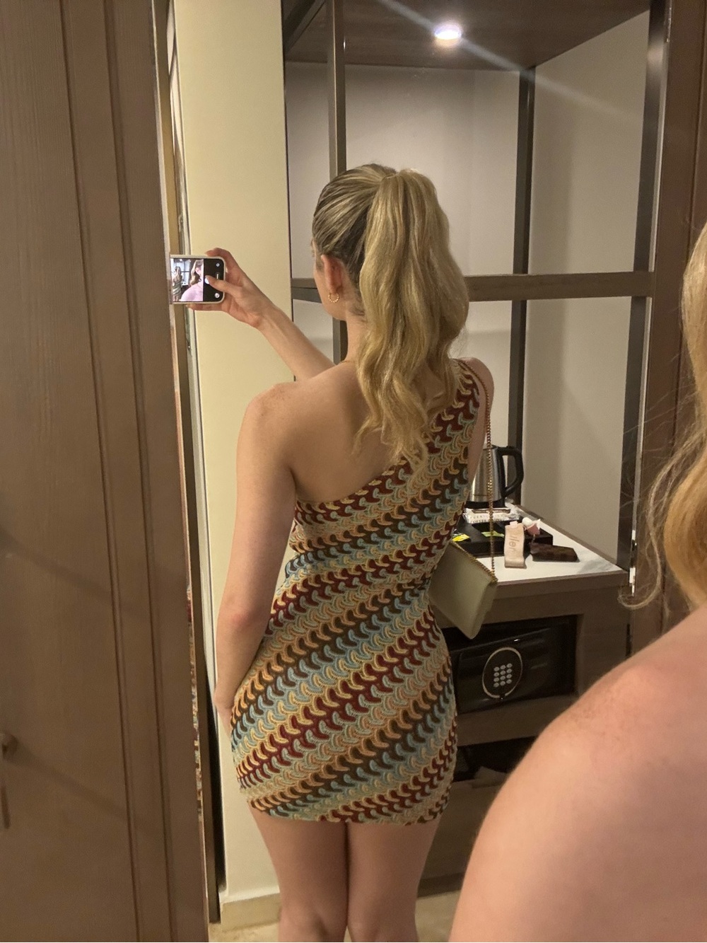 White Fox Boutique One-Shoulder Knit Dress in Multicolor Wave - Picture 3 of 4